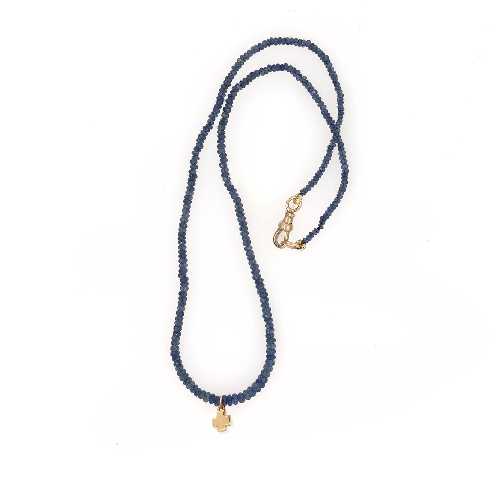 Blue Sapphire Bead Necklace with 18K Mini Cross - 14.5 Inch