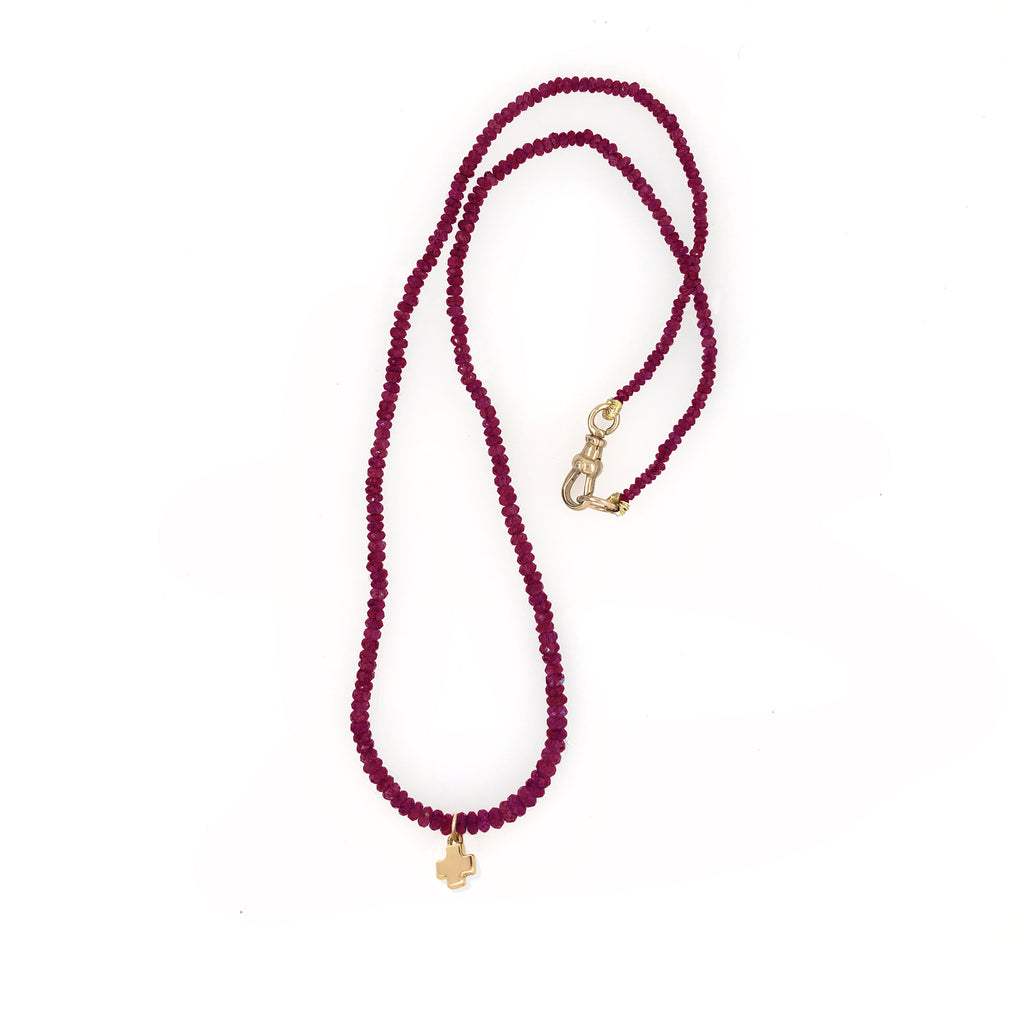 Ruby Bead Necklace with 18k Mini Cross