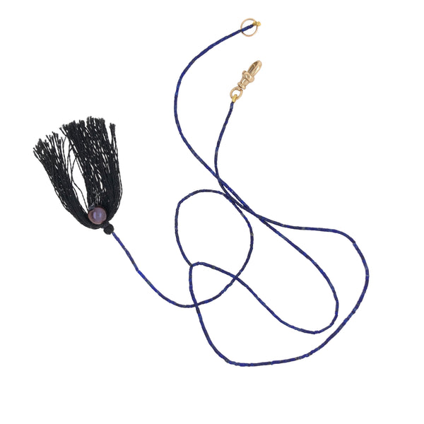 Lapis Y Pearl & Tassel Necklace