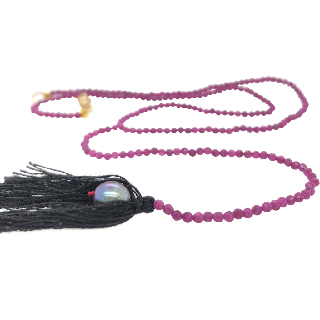 Ruby Y Pearl & Tassel Necklace