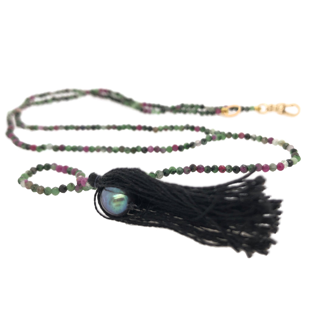 Ruby Zoisite Y Pearl & Tassel Necklace