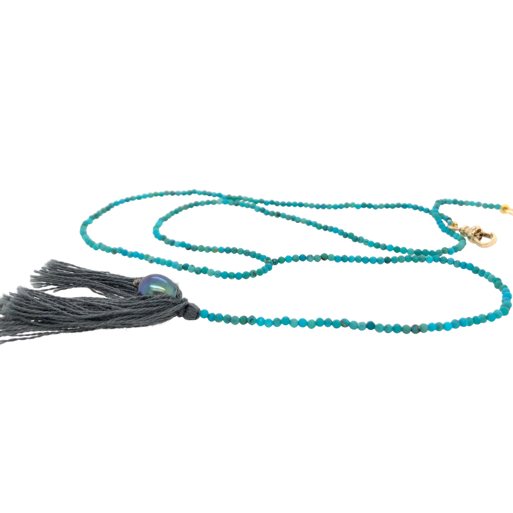 Turquoise Y Pearl & Tassel Necklace