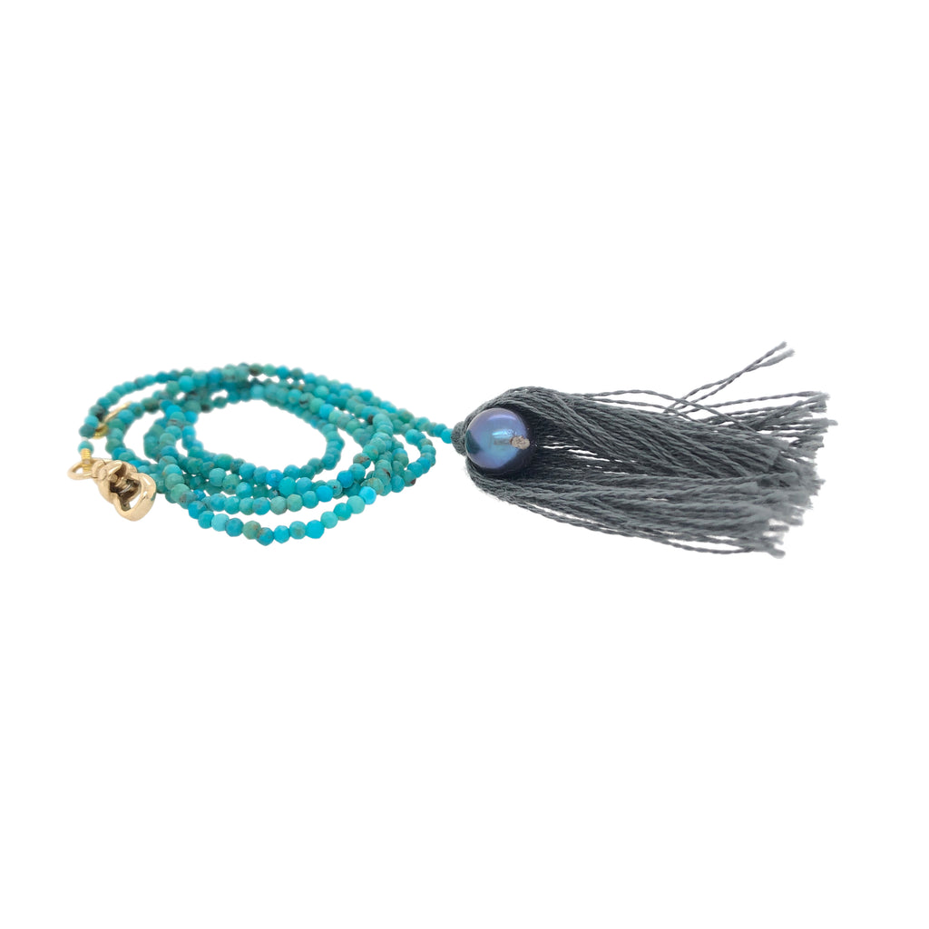 Turquoise Y Pearl & Tassel Necklace