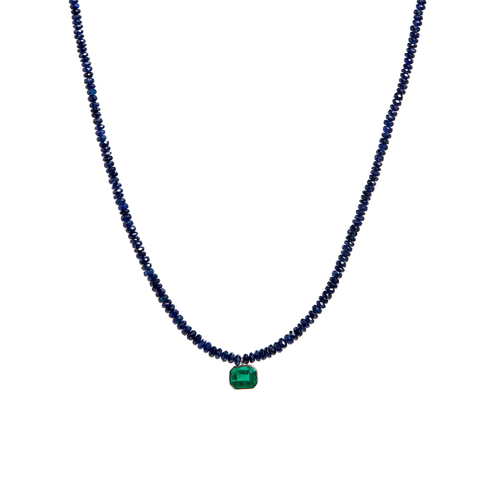 Elegant Sapphire Bead Necklace with One-of-a-Kind Emerald