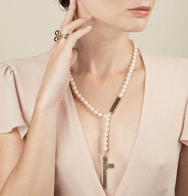 Half Cross Pendant with Bar on Pearls